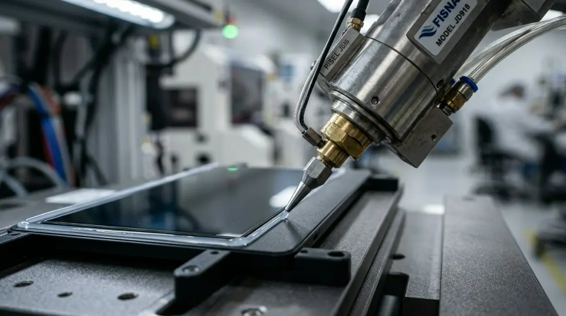 An automated industrial adhesive dispenser applying a micro-bead waterproof silicone seal around the rim of a 5.5-inch LCD panel enclosure.
